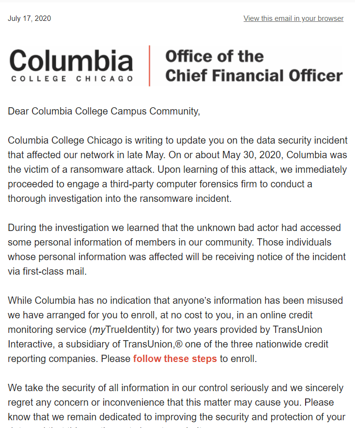 Columbia College Ransomware Email